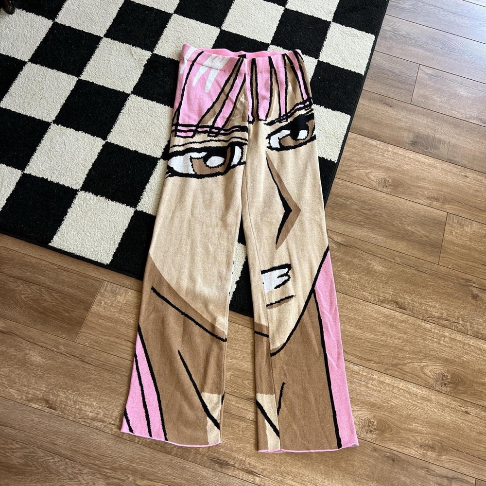 1XBLUE Pink Anime Face Pants